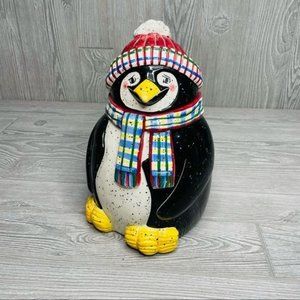 Julie Ueland penguin Christmas winter cookie jar with scarf